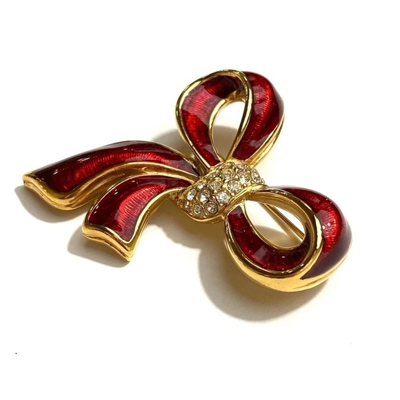 MONET Bow Brooch Pin Christmas Red Enamel Rhinestones Gold Tone - Picture 5 of 6